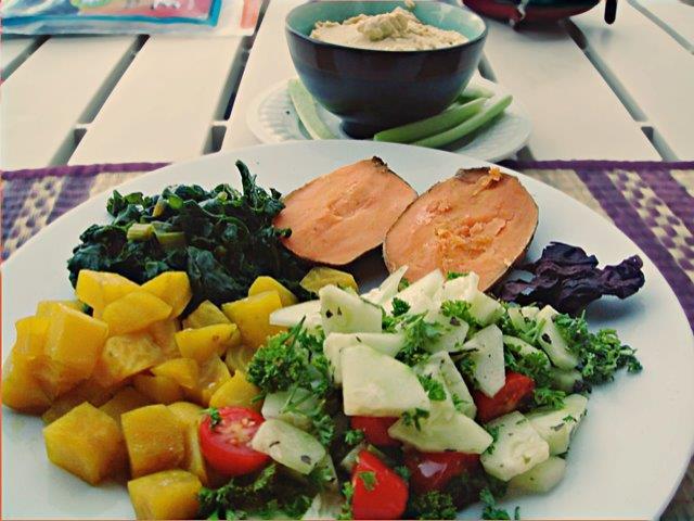 This image shows a nutritious vegetarian food plate and bowl of hummus.