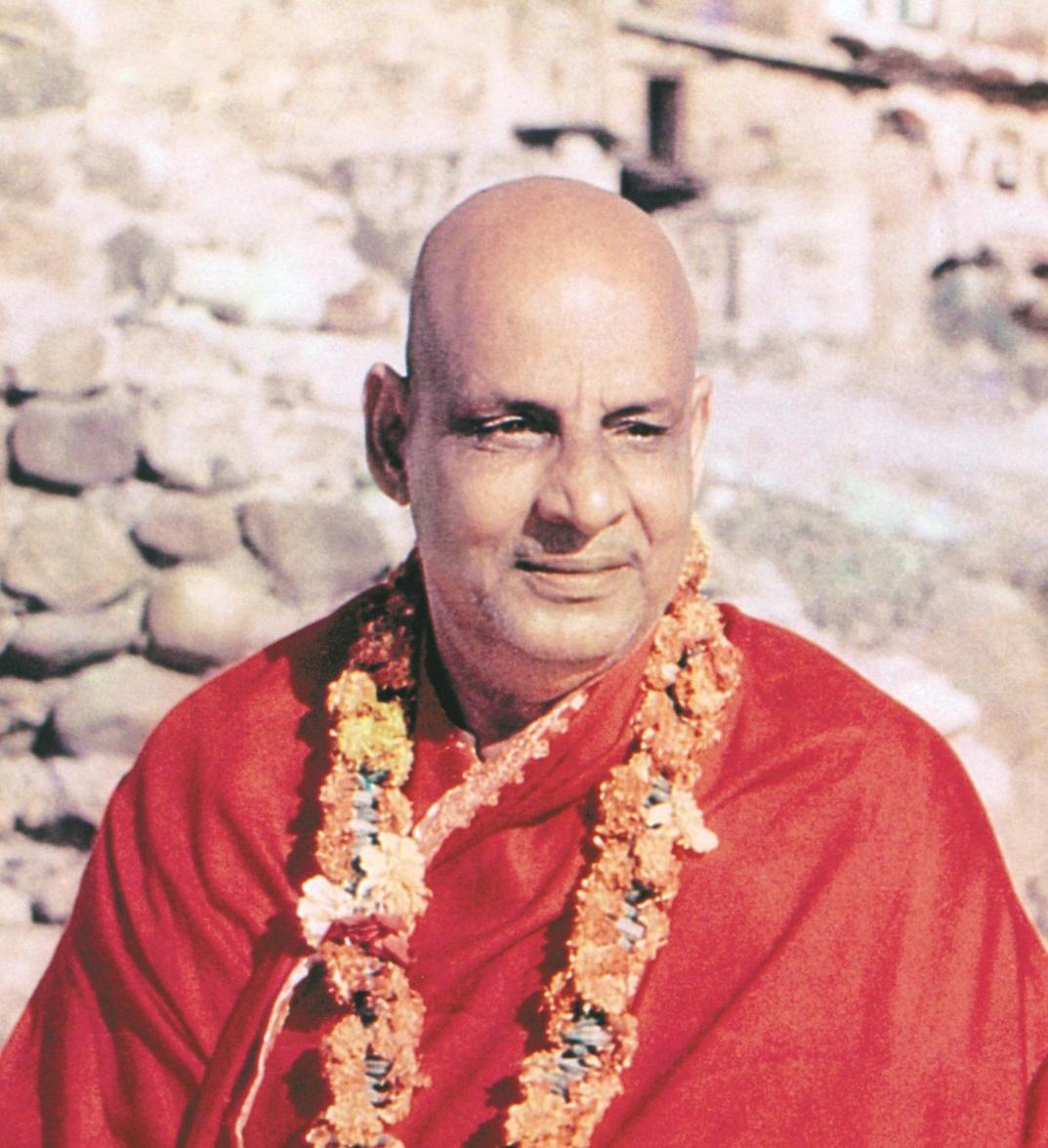 Majestic Swami Sivananda photo in red with garlands