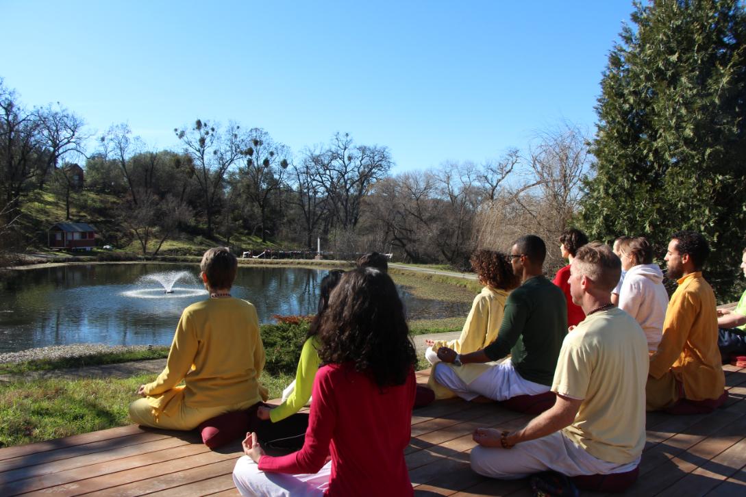 Students meditate overlooking a view of a pond.