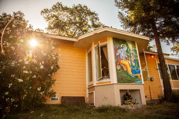 Yoga building with painting of Krishna and sun coming through the bushes