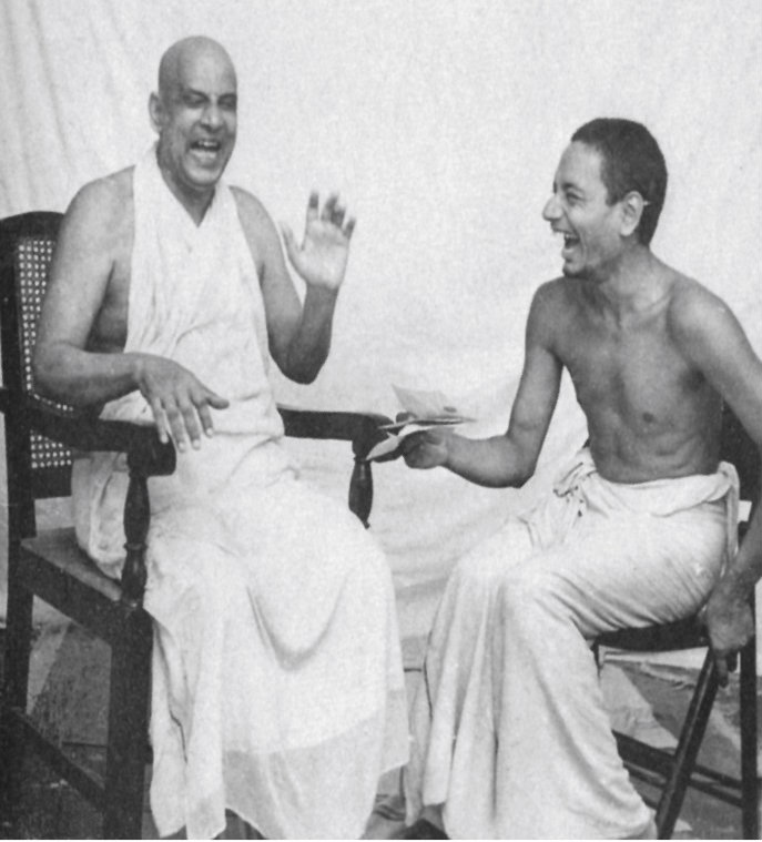 Swami Sivananda and disciple laughing hysterically showing real happiness