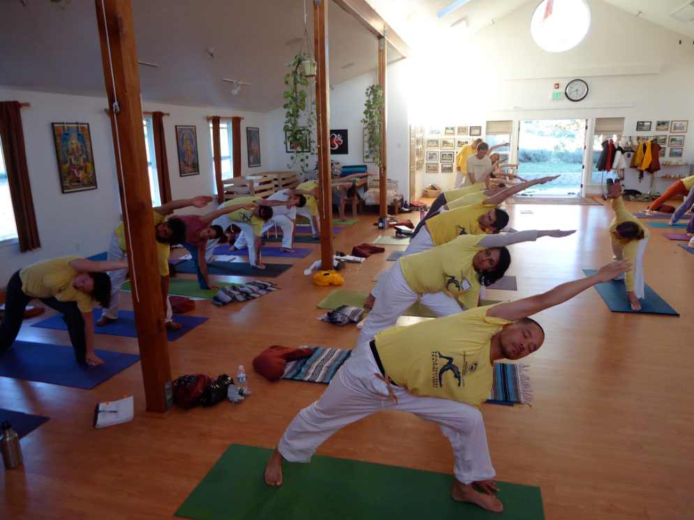 Yoga class with students doing triangle pose