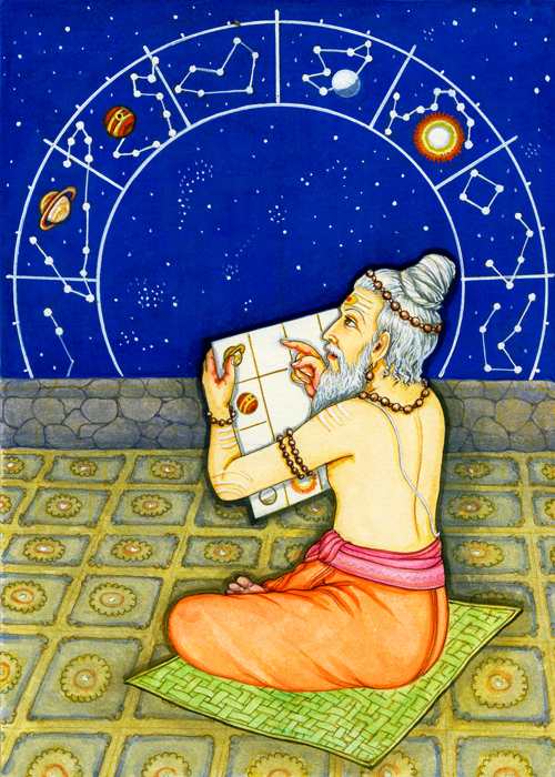 Vedic Astrologer looking at a birth chart and looking up at diagram of constellations and planets - Jyotish