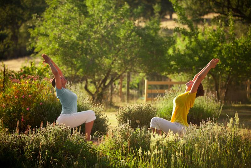People often practice Yoga outdoors on beautiful landscape of he Yoga Farm.