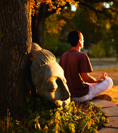 Man meditating near a tree with large stone face of buddha.  Fall leaves on the tree and nature in the surroundings