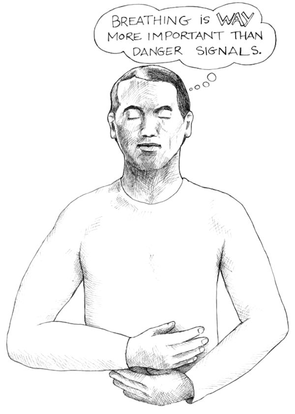 Drawing of a man, eyes closed, hands gently placed over abdomen with a thought bubble "Breathing is WAY more important than danger signal."