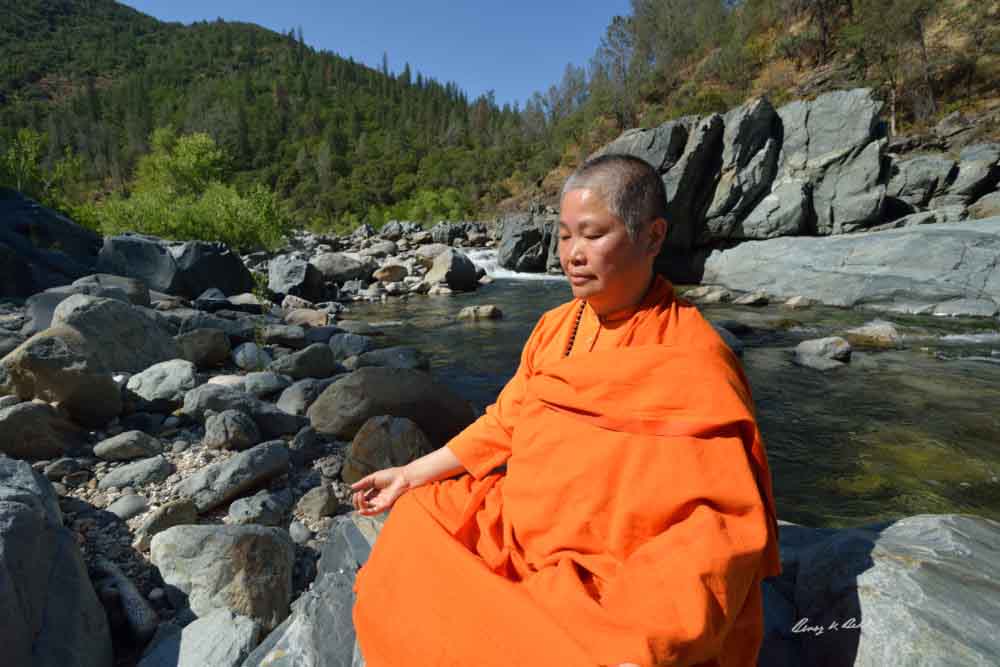 Swami Sitaramananda meditating on rocks beside flowing river through tree covered mountains