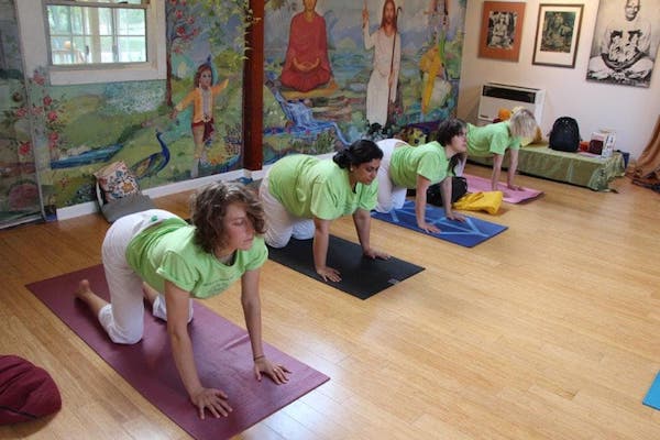 Students in a classroom, performing cow stretch on a yoga mat, on hands and knees, arching their backs, lifting their heads up